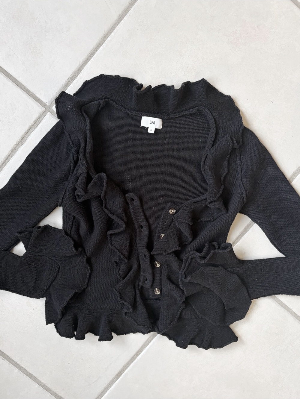 LPA Cotton and Silk Black Ruffle Cardigan Sweater